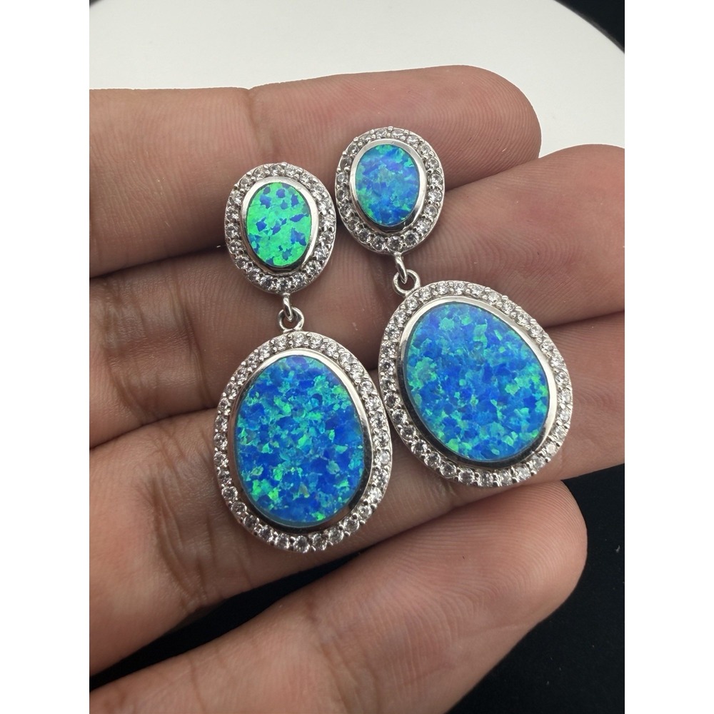 925 Sterling Silver Faux Opal And Clear CZ Dangle Stud Earrings
